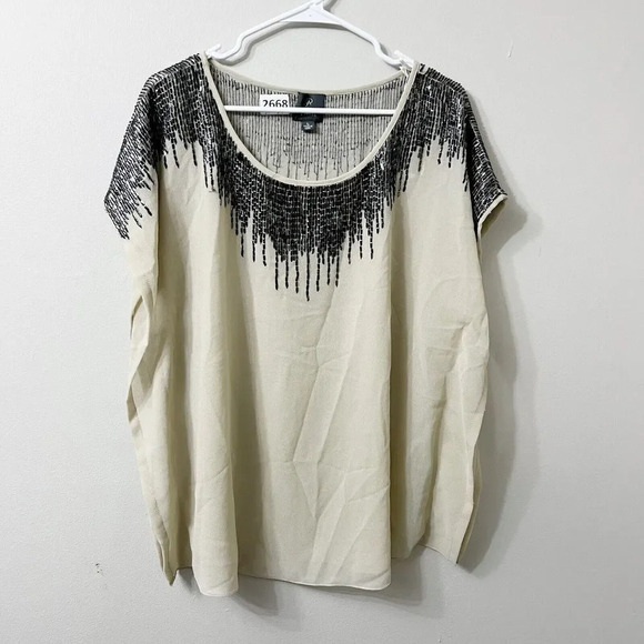 Adrianna Papell Womens Beige Blouse L Beaded Scoop Neck Pullover Top - Picture 4 of 8